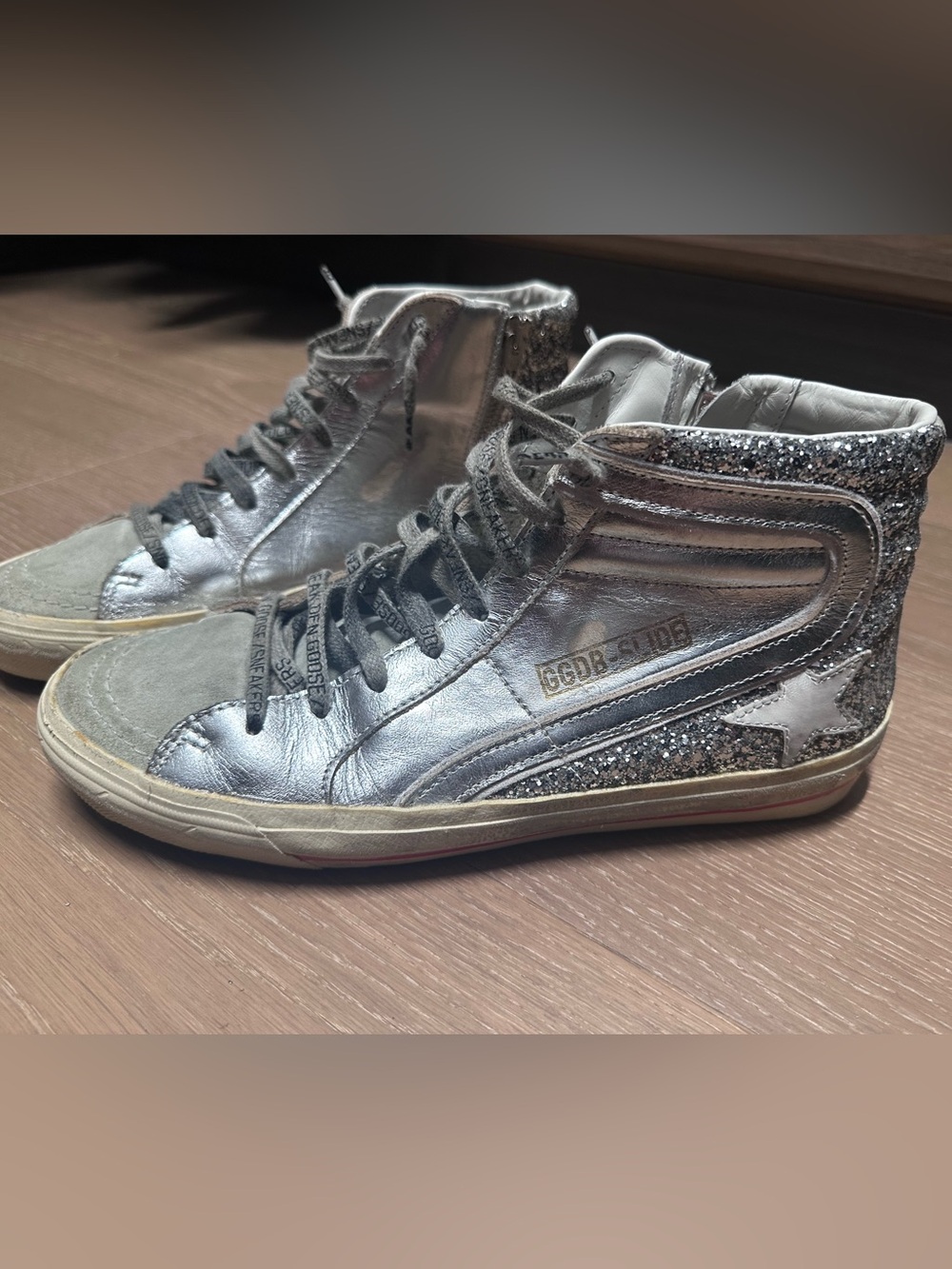 Authentic Golden Goose Slide Sneakers Silver Glitter Star | Distressed - Picture 2 of 5